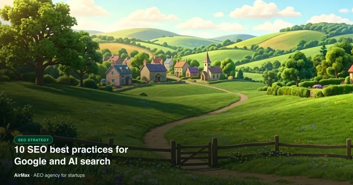 Rolling green hills and a stone village beside a large oak tree, under the title 10 SEO best practices for Google and AI search